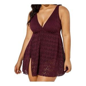 Swimsuits For All Wine Crochet Side Slit V-Neck Swim Dress Plus Size 32 Burgundy